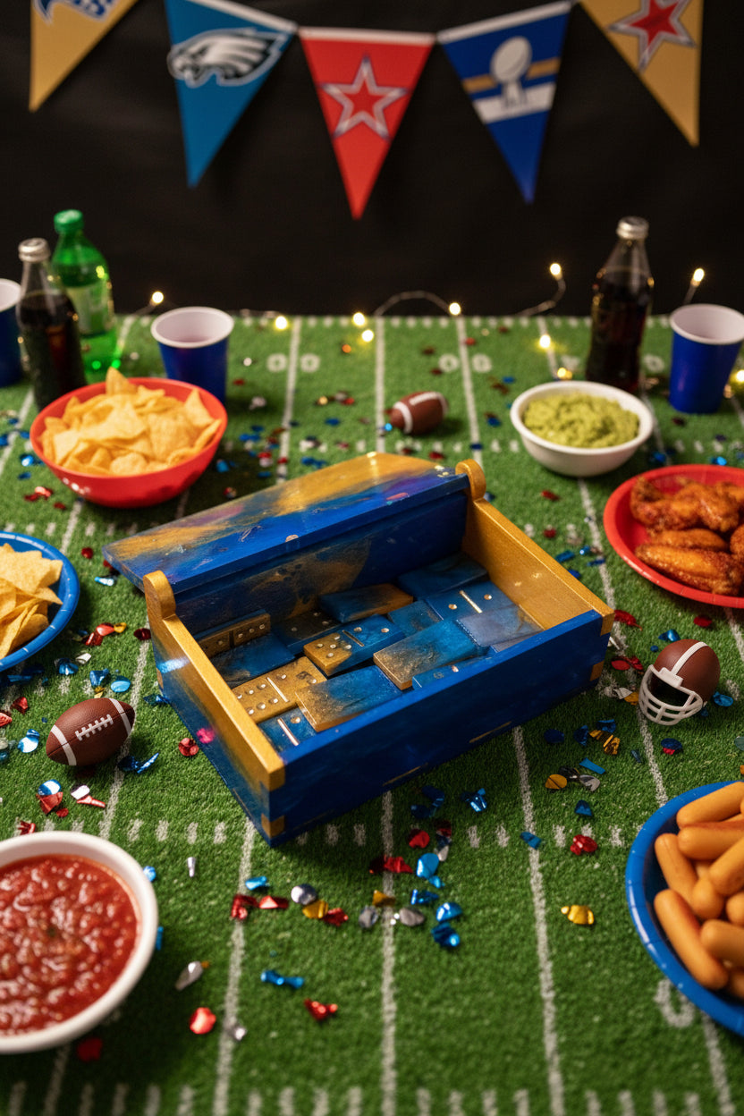 Game day setup with snacks, drinks, and a toy cash register on a grass-like surface with sports-themed decorations.